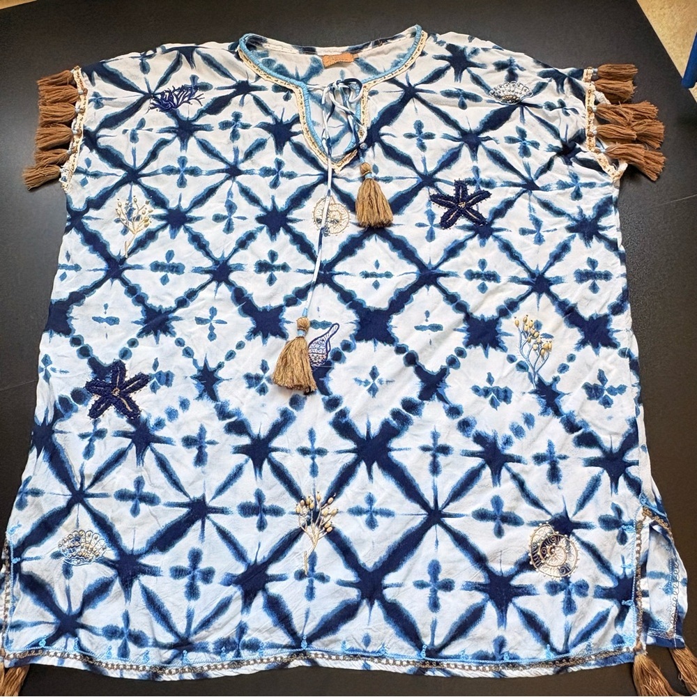 Skemo Short Kaftan tie dye blue embroidery tassels fringe tunic sea shells Large